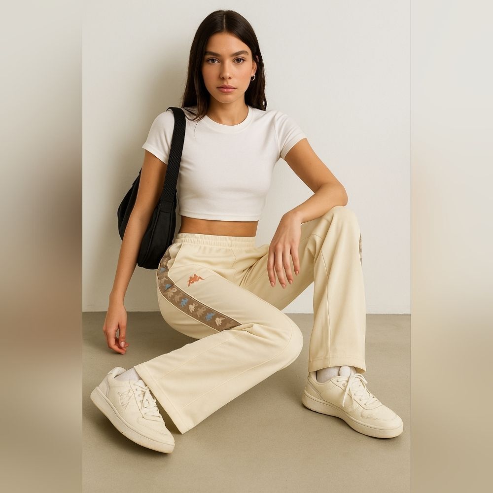 Kappa Mud Flap Trucker Girls Beige Track Pants L Sporty Y2K Retro Novelty Street